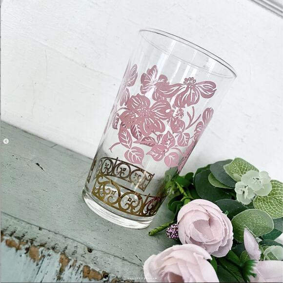 Vintage Federal Glass Tumbler Pink Dogwood Flower MCM Glassware Valentine SET 6 - Picture 10 of 10